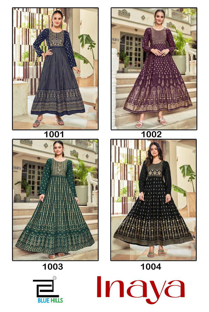 Inaya By Blue Hills Rayon Embroidery Anarkali Kurtis Wholesale Shop In Surat